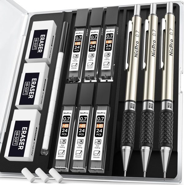 Nicpro 0.7 mm Art Mechanical Pencil Set in Storage Case, 3 PCS Metal Drafting Pencil Lead Pencil with 6 Tube HB Lead Refills, 3 Erasers, 9 PCS Eraser Refills for Artist Writing, Drawing, Sketching